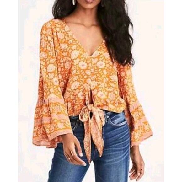 American Eagle Boho Bell Sleeve Floral Tie-Front Blouse XXL – 70s Festival Top - Picture 1 of 10